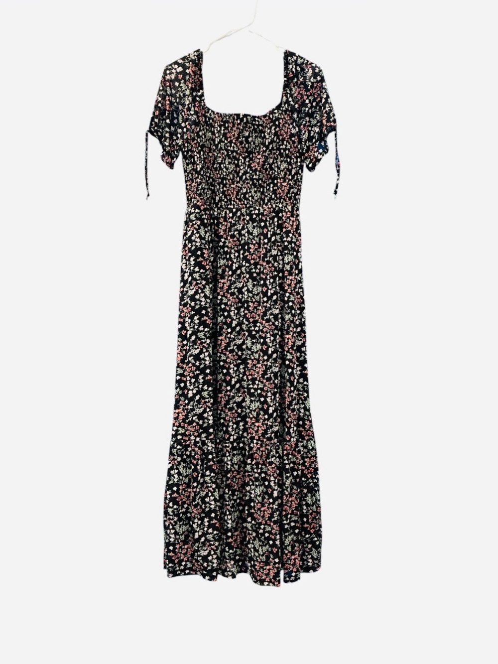 Black Floral Maxi Dress with Smocked Bodice